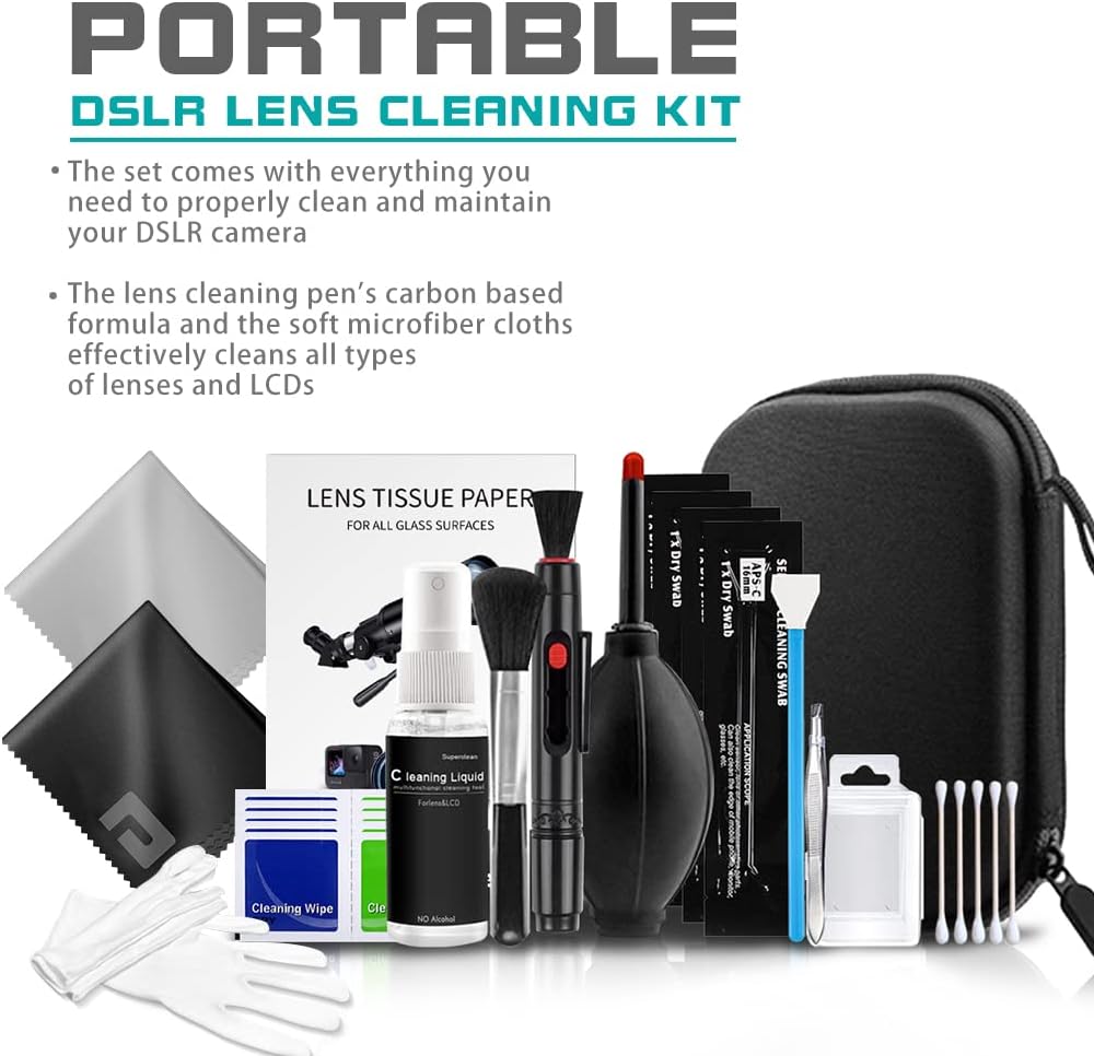 Professional Camera Cleaning Kit (with Waterproof Case),Including Cleaning Solution/5 APS-C Cleaning Swabs/Lens Pen/Air Blower/Cleaning Cloth for DSLR Cameras(Canon,Nikon,Sony)