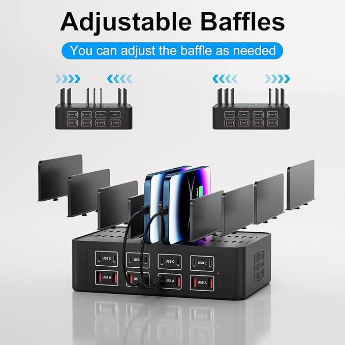 150W/35A Charging Station for Multiple Devices, 16 Port USB C Fast Charging Station with Adjustable Dividers - Organizer Charging Dock for Smartphone, iPad, Kindle, Tablet & More