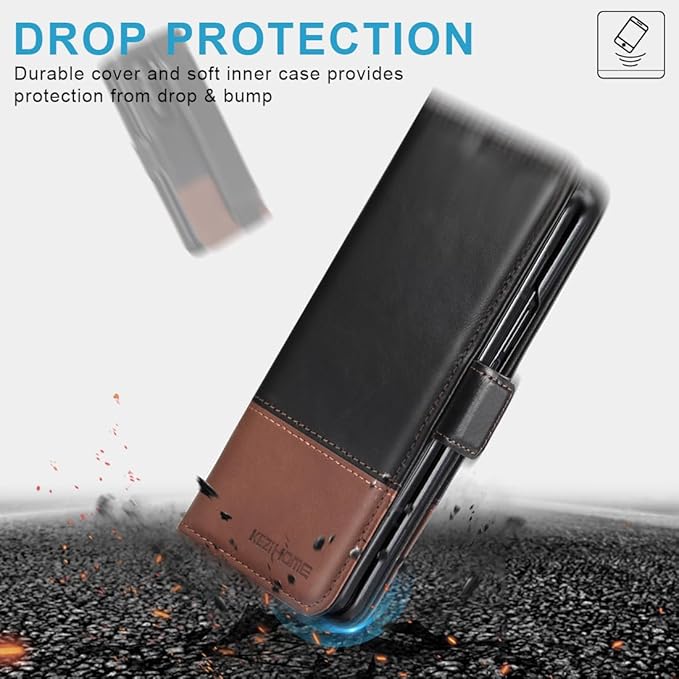 KEZiHOME for Samsung Galaxy Z Fold 6 Case, Genuine Leather Wallet Case [RFID Blocking] with Card Slots Stand Flip Protective Phone Cover Compatible with Galaxy Z Fold 6 5G (Black/Brown)