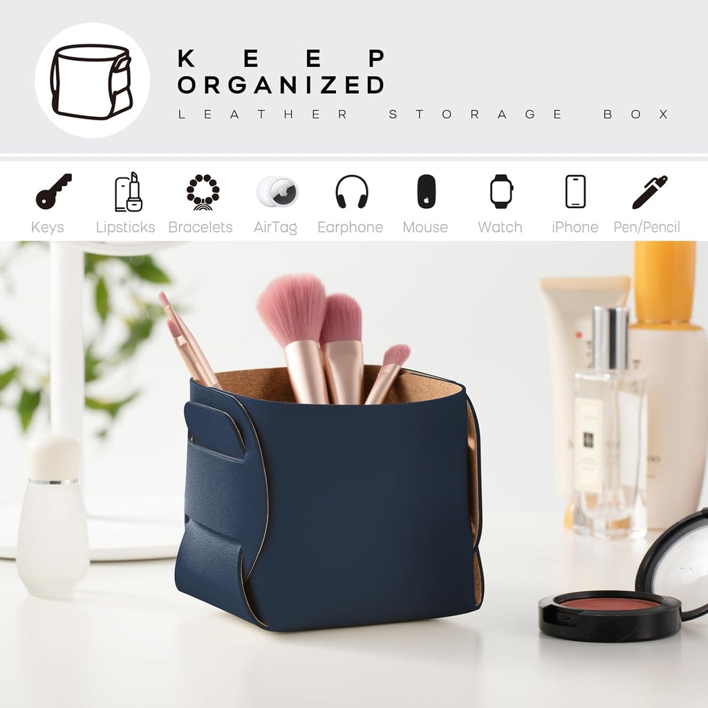 HOMIEAZICOZI 2-Pack Cork Leather Desk Accessories Storage - Pencil Pen Holder - Makeup Brush Holder Organizer - Stylish Addition to Home Decor (Dark Blue)