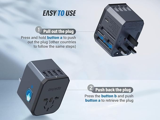 EPICKA Universal Travel Adapter, European Travel Plug Adapter - International Power Adapter Worldwide Charger with USB-C & 4 USB-A Ports, Travel Essentials for Italy, UK, Japan (TA-105, Space Grey)