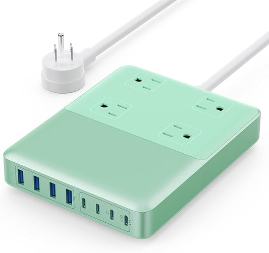 12-in-1 Charging Station USB C Power Strip with 5ft Cord,200W GaN IV USB C Charger Block,4 AC Outlets,4 USB-A,4 USB-C for MacBook,iPhone 16/15/14,Fast Charging Desktop Charger for Office (Green)