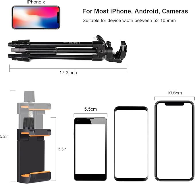 55" Phone Tripod, PHOPIK Aluminum Extendable Tripod Stand with Shutter, Carrying Bag, Compatible with iPhone/Android/Sport Camera&Insta 360 x5 Perfect for Video Recording/Selfies/Live Stream/Vlogging