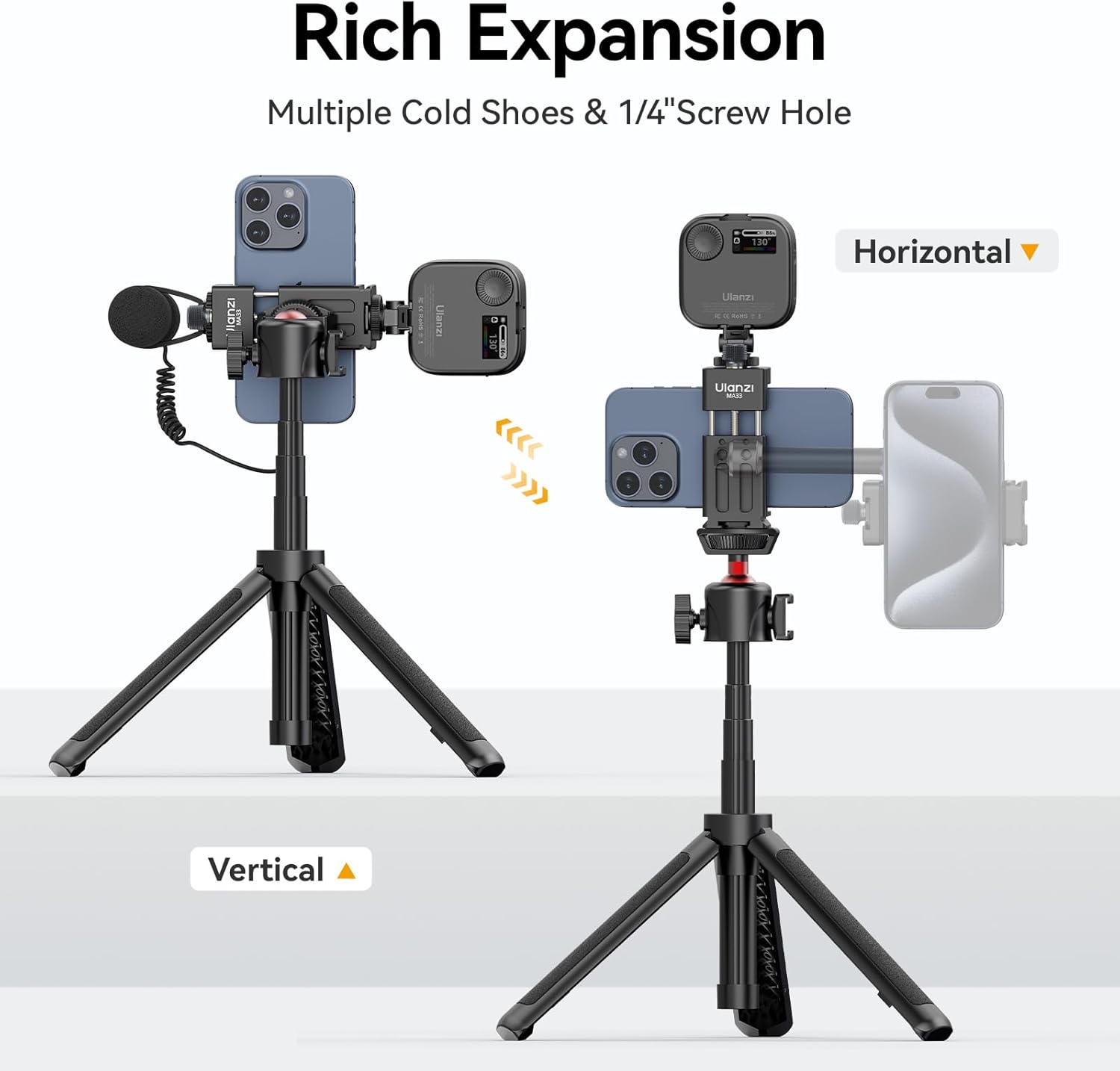 ULANZI MA33 Metal Phone Tripod Mount with Arca Port & 2 Cold Shoes, 360° Adjustable Smartphone Tripod Adapter Cell Phone Stand Holder Phone Clamp Suitable for iPhone 15 pro/14/13/12/Samsung