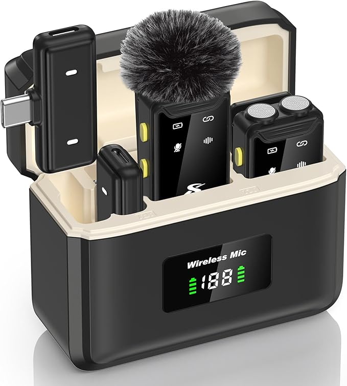 PQRQP Wireless Microphone for iPhone, iPad, Android(Lightning/USB C), Dual Microphones 20 H Battery Life, Mini Microphone, Cordless Double Mics for Video Recording, YouTube, TikTok, 164FT