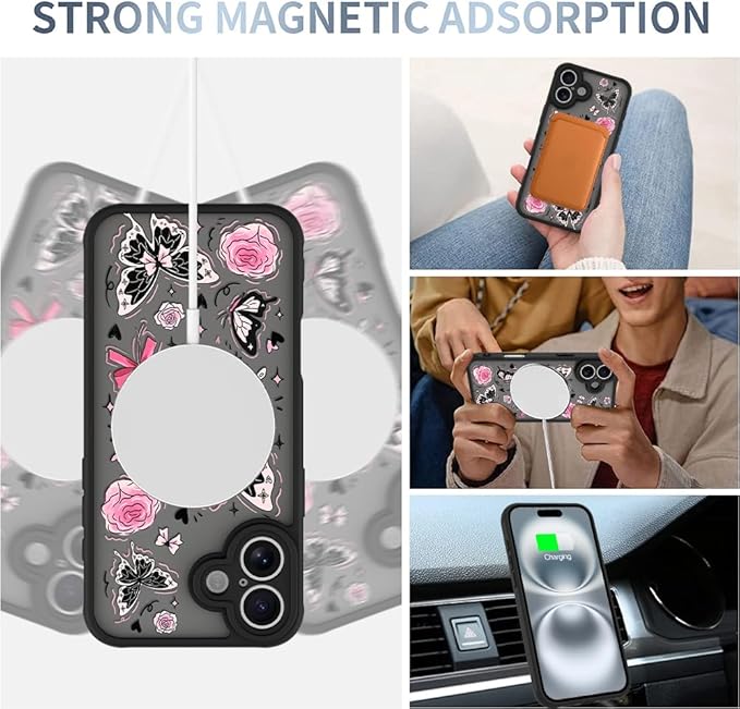 AIGOMARA Case for iPhone 16 Plus [Compatible with MagSafe] Cute Butterfly Pink Flower Floral Pattern Soft TPU Bumper Hard PC Back Anti-Fall Shockproof Protective Slim Magnetic Cover for Women Girls