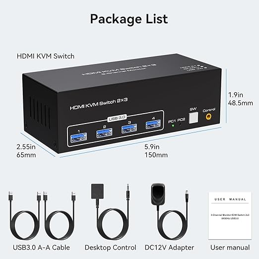 8K 60Hz HDMI KVM Switch 3 Monitors 2 Computers 4K 120Hz USB 3.0 KVM Switches Triple Monitor 2 Ports Share 1 Set of Keyboard Mouse Printer Scanner Between Two PC with Wired Controller