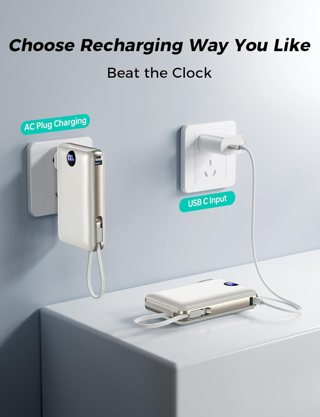 Portable Charger with Built in Cable & Wall Plug, 50000 mAh Power Bank, 22.5W Fast Charging, 4 Outputs, Travel Essential Battery Pack with LED Display for iPhone 17/16/15/14 Series, Samsung, iPad etc