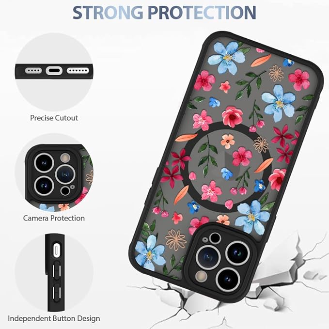 AIGOMARA Magnetic Case for iPhone 12 Pro [Compatible with MagSafe] Cute Pink Blue Flower Floral Pattern Soft TPU Bumper Hard PC Back Anti-Fall Shockproof Protective Slim Cover for Women Girls