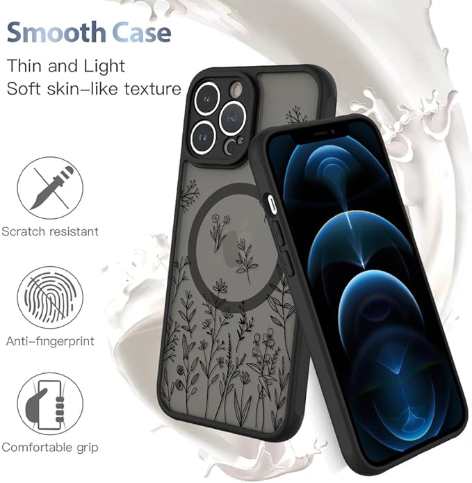 AIGOMARA Magnetic Case for iPhone 12 Pro Max [Compatible with MagSafe] Cute Black Flower Floral for Women Girls Soft TPU Bumper Hard PC Back Anti-Fall Shockproof Protective Slim Cover