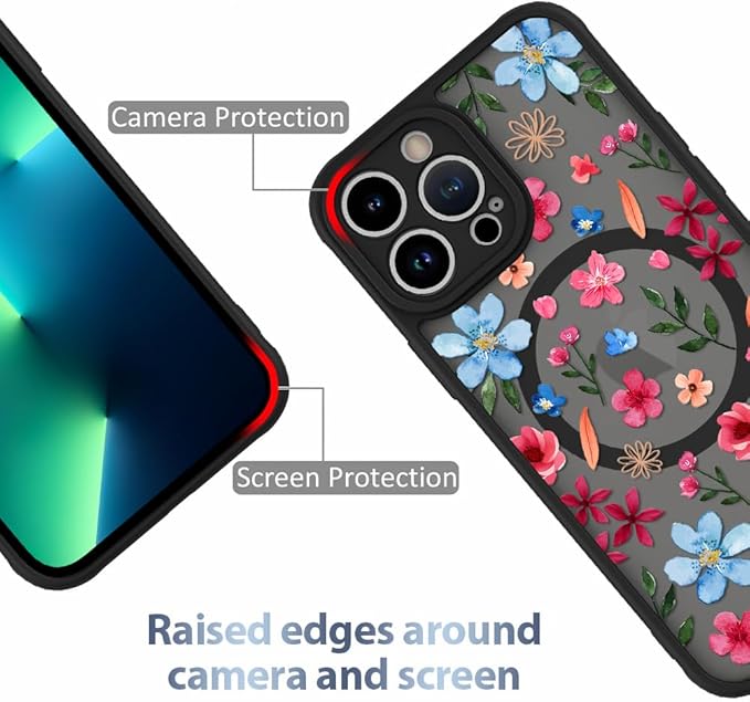 AIGOMARA Magnetic Case for iPhone 13 Pro Max [Compatible with MagSafe] Cute Pink Blue Flower Floral Pattern Soft TPU Bumper Hard PC Back Anti-Fall Shockproof Protective Slim Cover for Women Girls