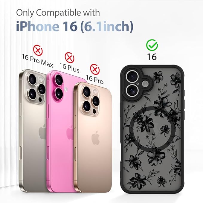 AIGOMARA Case for iPhone 16 [Compatible with MagSafe] Ink Flower Floral Pattern Design for Women Girls Soft TPU Bumper Hard PC Back Anti-Fall Shockproof Protective Slim Magnetic Cover