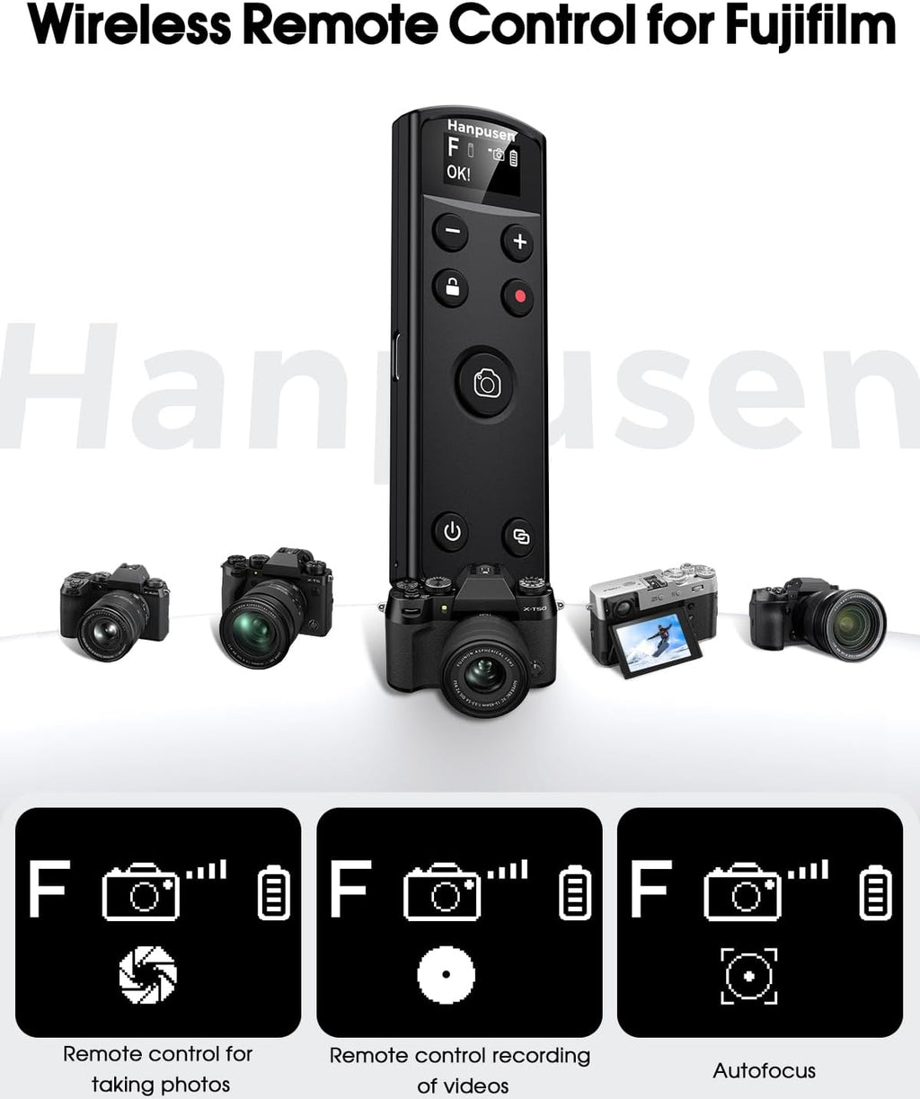for Fujifilm Camera Remote Control, Hanpusen Rechargeable Wireless Shutter Release with OLED Screen for Fujifilm X100 VI/X-M5/X-T30 II/X-E5/X-T5/X half/X-H2S/X-T30/X-T4/X-T3/X-S20/X-S10/X-T50/X-H2