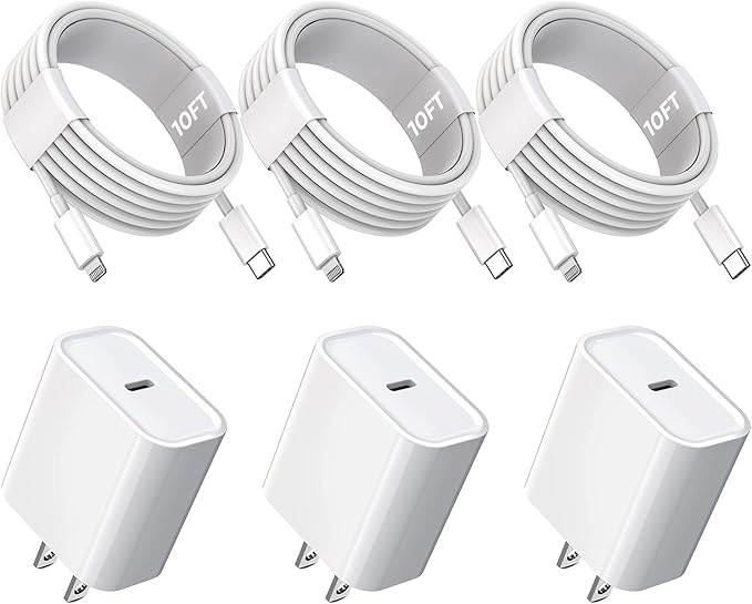 10FT iPhone Fast Charger,3Pack Extra Long[Apple MFi Certified]iPhone Charger Fast Charging Quick 10Foot USB C to Lightning Cable Cord Adapter Block for iPhone 14 Pro Max/14 Plus/13/12Mini/11/XS/X/iPad