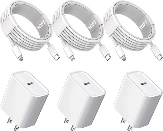 10FT iPhone Fast Charger,3Pack Extra Long[Apple MFi Certified]iPhone Charger Fast Charging Quick 10Foot USB C to Lightning Cable Cord Adapter Block for iPhone 14 Pro Max/14 Plus/13/12Mini/11/XS/X/iPad
