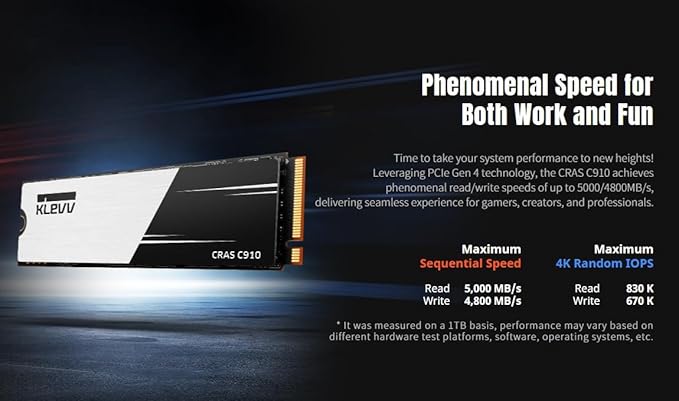 KLEVV CRAS C910 500GB M.2 2280 NVMe PCIe Gen4x4 Laptop & Desktop Internal SSD Heatsink Included, up to 5000MB/s (K500GM2SP0-C91)