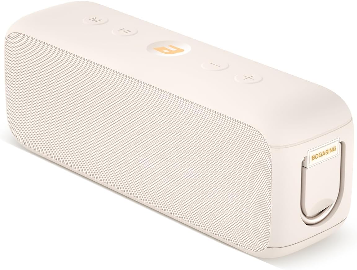 BOGASING G6 Bluetooth Speaker, Portable Wireless Speakers with 30W Punchy Sound, 35H Playtime, IPX6 Waterproof, Bluetooth 5.3, Built-in Mic, EQ, TF-Card, AUX, USB Stick for Outdoors Hiking (Beige)