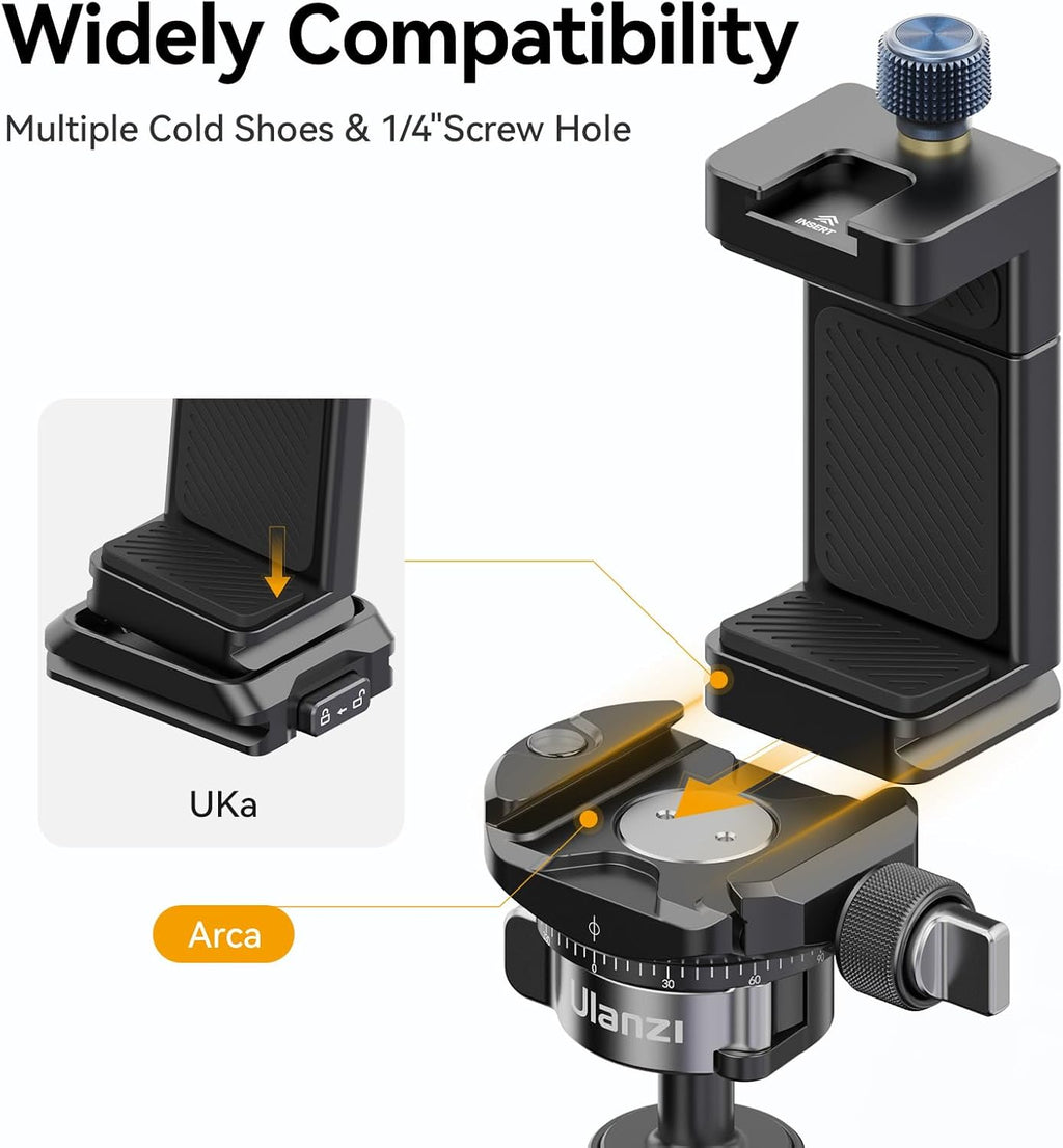 ULANZI MA33 Metal Phone Tripod Mount with Arca Port & 2 Cold Shoes, 360° Adjustable Smartphone Tripod Adapter Cell Phone Stand Holder Phone Clamp Suitable for iPhone 15 pro/14/13/12/Samsung