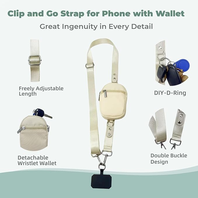Clip and Go Strap for Phone with Wallet - Adjustable and Detachable Phone Lanyard Crossbody, Wrist Wallet for Home Travel