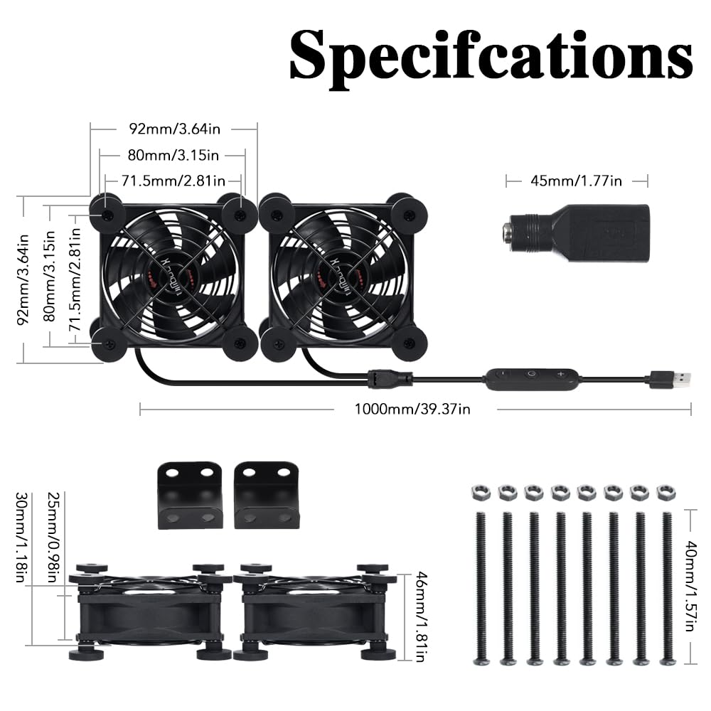 Dual 80mm Cooling Fan - 10-Speed USB 5V/DC 12V Power, IPX5 Waterproof for Tablet, TV, Router, Xbox, DVR, Computer Cabinet, Greenhouse & Kennel Component Cooling