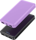 [2 Pack] Portable Charger Power Bank 10000mAh,Ultra Slim Compact External Battery Pack with USB C Input & Dual USB Outputs Backup Charger Compatible with iPhone 14,13, Samsung S20,Tablet-Black+Purple