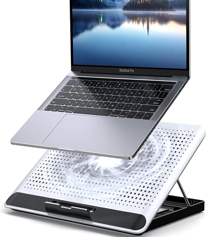 16inch Single Fan Lap Chill Mat - Aluminum Panel Laptop Cooling Pad, Heat Protection Laptop Cooler, Adjustable Foldable Long Stand, Fans Switch with dimmable-Speed, USB-A Connection Laptop Fan