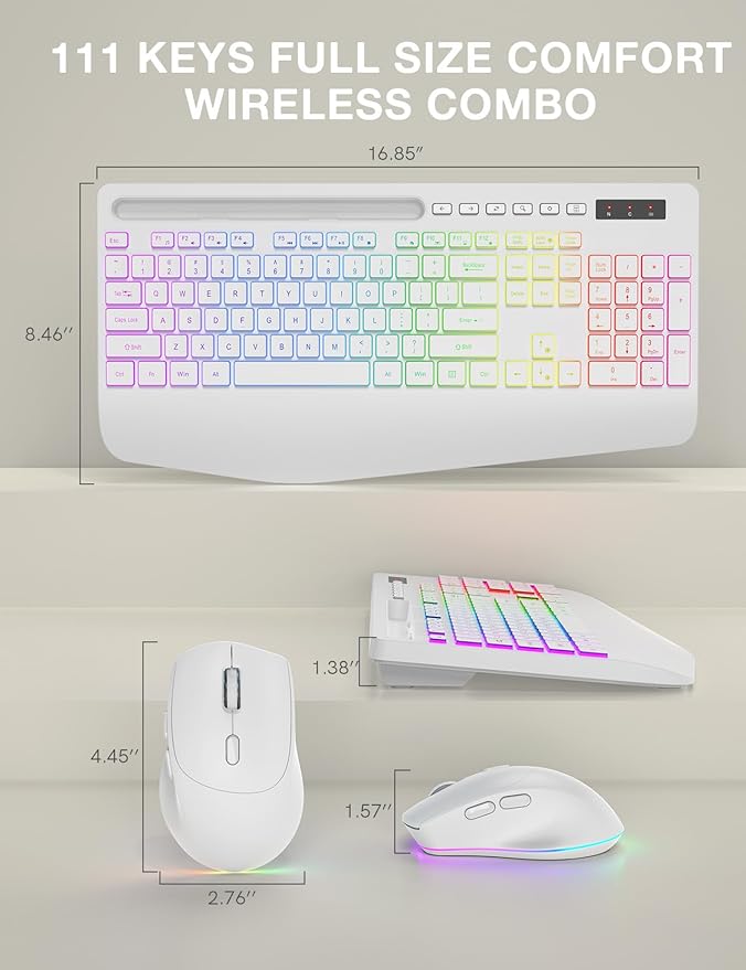 Wireless Keyboard and Mouse Backlits, Wrist Rest, LED Mouse, Rechargeable Ergonomic Keyboard with Phone Holder, Silent Light Up Combo for Computer, Mac, PC, Laptop, Chromebook (White)
