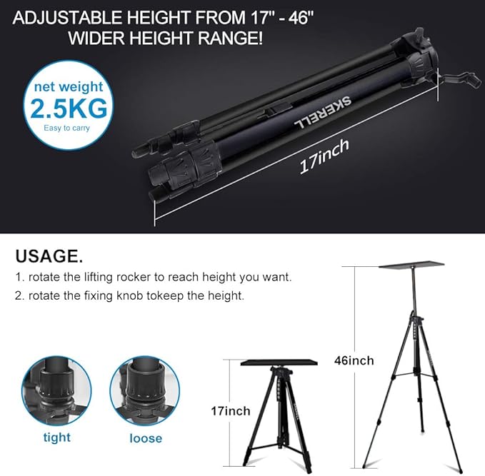 Portable Projector Stand Tripod Adjustable: Universal Laptop Standing Height from 17" to 46" with Carry Bag for Projectors Laptops Photography