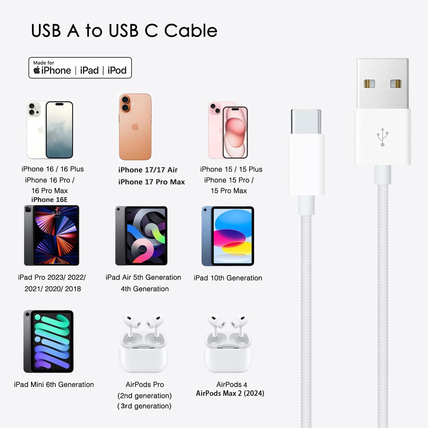 1.5FT Short IPhone 17/16E/16/15 Woven Cable, USB A to USB C CarPlay Charger Cable for iPhone 17Air, 15 16 17 Pro Max, 15/16 Plus,iPad 10th Gen,iPad Pro 12.9/11, Air 5th/4th Gen, Mini 6th Charging Cord