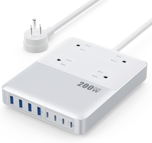 12-in-1 Charging Station USB C Power Strip with 5ft Cord,200W GaN IV USB C Charger Block,4 AC Outlets,4 USB-A,4 USB-C for MacBook,iPhone 16/15/14,Fast Charging Desktop Charger for Office (A-White)