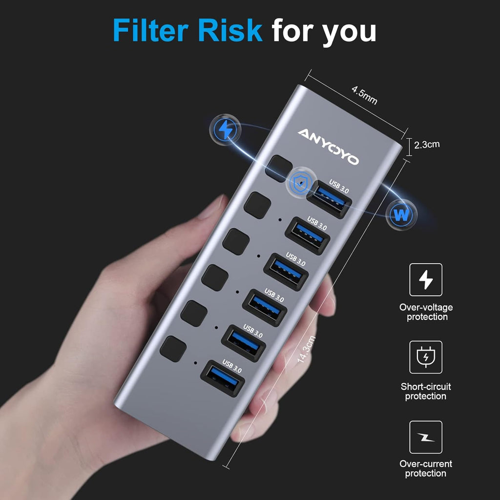 Powered USB Hub with TF/SD Card Reader, 8-Port USB 3.0 Hub with 6 USB 3.0 Data Ports, USB Spilter with Individual On/Off Switches，Aluminum USB Hub with AC Adapter for PC, Desktop, MacBook