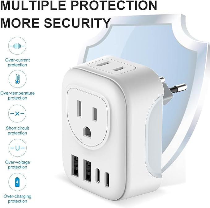 2 Pack European Travel Plug Adapter, VYLEE International Travel Adapter with 2 Outlets 4 USB Ports(2 USB C), 6 in 1 Type C Travel Essentials Charger for US to Most of Europe EU Italy Spain France