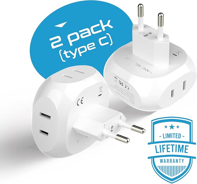 Ceptics European Travel Plug Adapter Europe Power Adaptor Charger 4 Input - Ultra Compact - Light Weight - USA to Any Type C Countries Such as Italy, Iceland, Austria and More - 2 Pack (PT-9C)