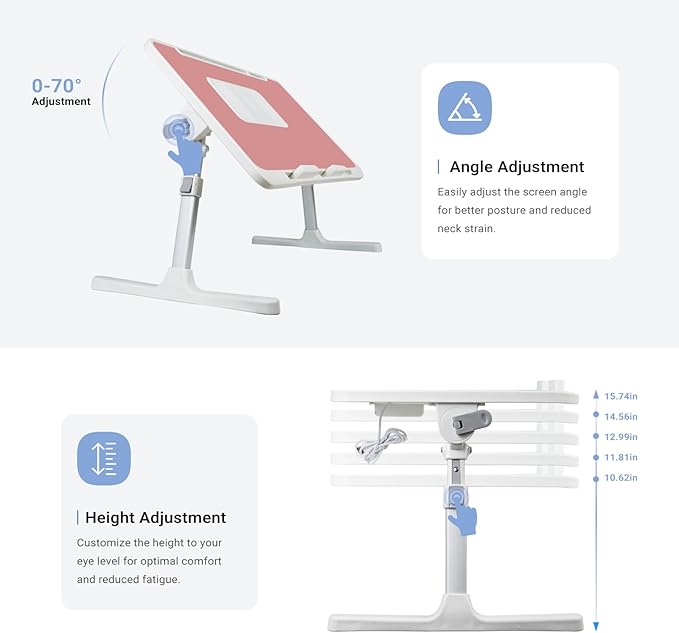 Laptop Lap Desk Include Cooling Fan,Adjustable Lap Desk with Light Fan,Folding Laptop Desk for Bed with USB,Bed Desk with Storage Drawer 60x40cm,Pink
