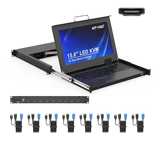 MT-VIKI 8 Port KVM Console HDMI, 1U Rack Mount KVM Console w/15.6'' LCD Monitor, 1080P Short Depth Integrated Touchpad+Keyboard+Drawer+8 Cables, Support OSD/Hotkey