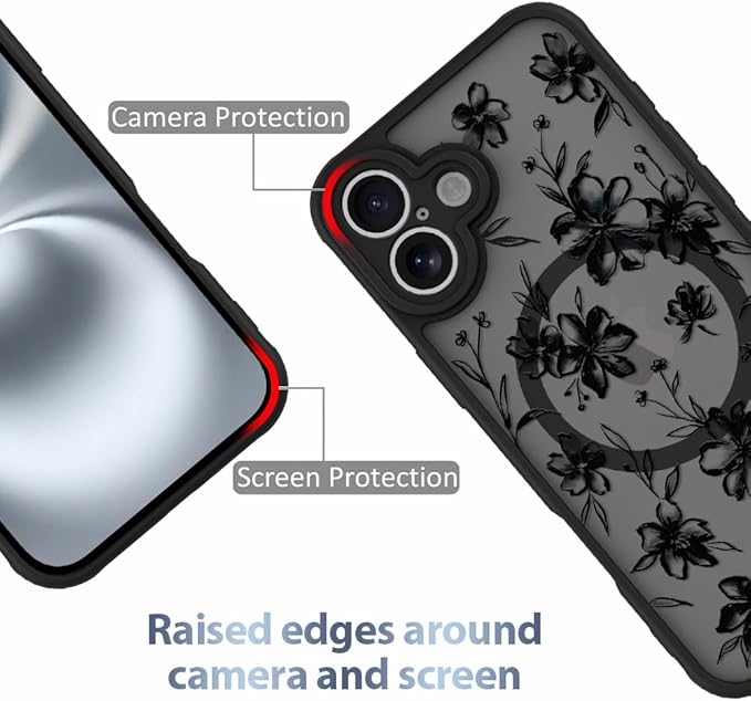 AIGOMARA Case for iPhone 16 [Compatible with MagSafe] Ink Flower Floral Pattern Design for Women Girls Soft TPU Bumper Hard PC Back Anti-Fall Shockproof Protective Slim Magnetic Cover