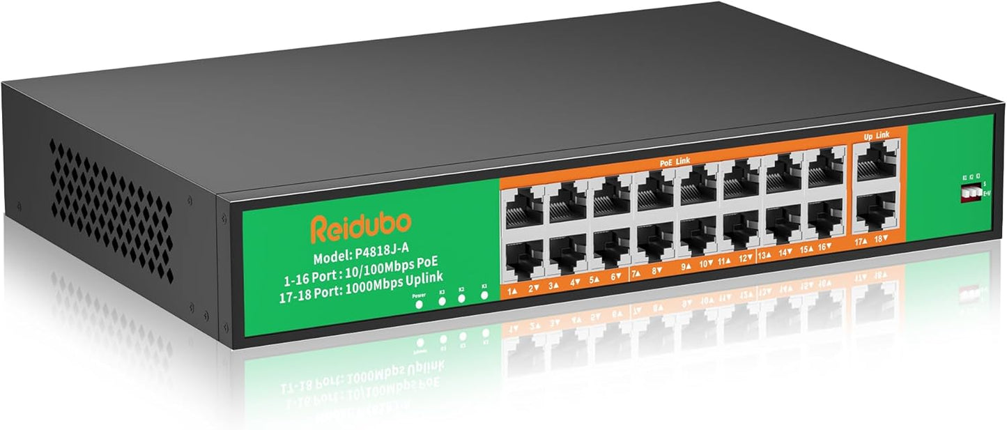 16 Port PoE Switch, 16 PoE+ 100Mbps Ports with 2 Gigabit Uplink, 300W Built-in Power, Support IEEE802.3af/at, Fanless, Rack Mount, Unmanaged Plug and Play Network Switch
