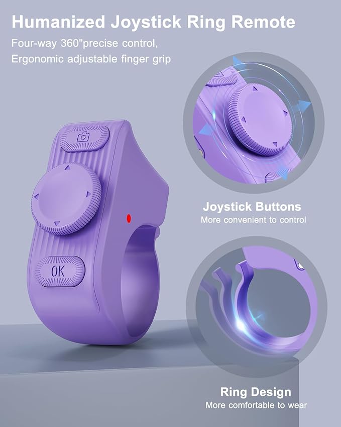 TikTok Scrolling Ring Remote Control, Camera Shutter Remote, Wireless Bluetooth Scrolling Ring for iPhone, iPad, iOS, Android - Purple