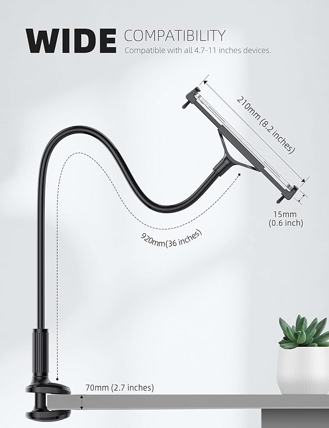 Lamicall Gooseneck Tablet Mount Holder for Bed - Flexible Tablet Arm Clamp for Bed Compatible with Pad Mini 7.9, Air 9.7, Pro 10.5, Kindle, Switch, Galaxy Tabs, More 4.7-11" Device - Black