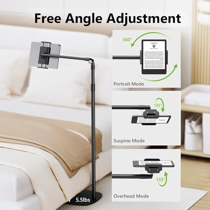 elitehood iPad Stand Floor, Height Adjustable Tablet Floor Stand with Heavy Base, 360° Rotatable Kinlde Holder for Reading in Bed, Fit 4.7''-13'' iPad mini Air Pro, Galaxy Tab, Kindle and Cell Phone