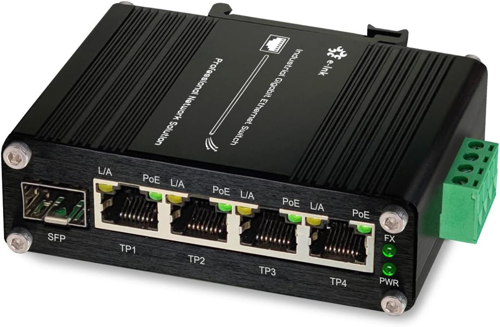 Industrial Gigabit 4 Ports PoE Ethernet Switch PoE+ Fiber Switch with 100/1000M Adaptive SFP Slot Din Rail Unmanaged 10/100/1000Mbps Network Switch IEEE802.3af/at 30W/Port Max 120W 12-48V DC