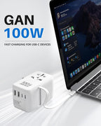 DOACE Universal Travel Adapter, 100W GaN 3.0 International Power Adapter with Built-in USB-C Cable, 6 in 1 Travel Adapter with 5 USB Ports, Plug Adapter Worldwide for EU/UK/USA/AUS(White)