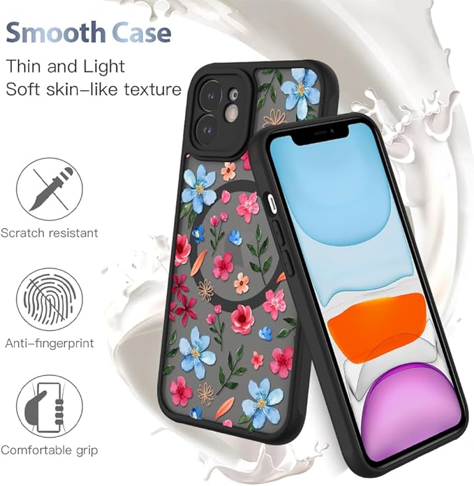 AIGOMARA Magnetic Case for iPhone 11 [Compatible with MagSafe] Cute Pink Blue Flower Floral Pattern Soft TPU Bumper Hard PC Back Anti-Fall Shockproof Protective Slim Cover for Women Girls