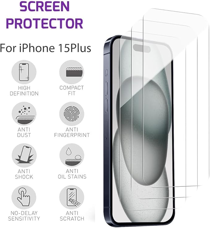 Tempered Glass Screen Protector for iPhone 15 Plus Clear (3 Pack)