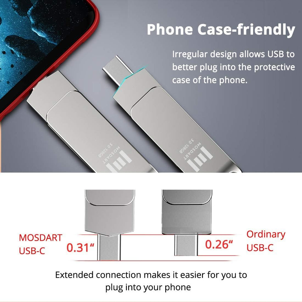 MOSDART 128GB USB3.1 Fast Speed C and A Dual Flash Drive, exFAT Memory Stick with Keychain Loop, for iPhone 15 and 16, Android Phone, iPad, MacBook, Silver(Pack of 2)