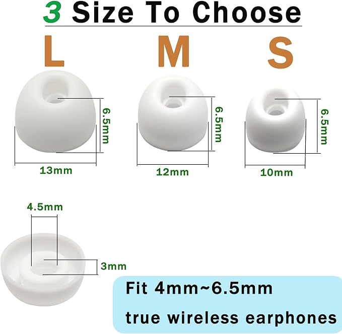 Earbuds Tips Replacement Universal Oval Earbuds Tips for True Wireless Earbuds 4.0mm-6mm Nozzle Silicone Replacement Ear Tips 6 Pairs LMS White