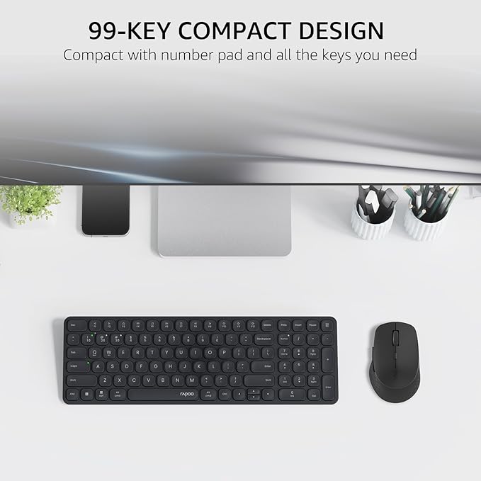 Rapoo 9360M Wireless Keyboard and Mouse Combo, Blade-Series E9310M 99-Key Ultra-Thin Keyboard and M300G Silent Mouse, Support 4 Devices, Quiet, Compact, Battery Powered, for Windows/Mac/Linux/Chrome