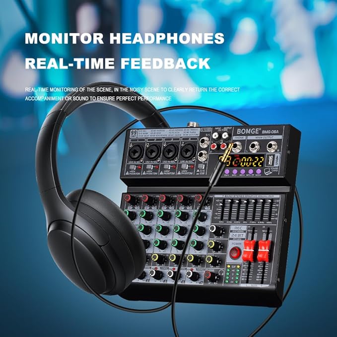 BOMGE 06A Professional 6 Channel DJ Audio Mixer, DJ Controller Sound Mixer with 99 DSP Effects,7-band EQ Independent 48V Bluetooth USB Interface Recording for Studio Stage Party Home Recording