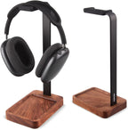 Walnut Wood & Aluminum Headset Holder, Desktop Headphone Stand, Universal headphone holder for most music gaming headsets - Black Walnut