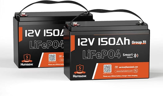 12V 150Ah LiFePO4 Lithium Battery BCI Group31 Bluetooth 2Pack,Built-in 110A BMS, Deep Cycle Battery for Solar, RV, Marine, Off-Grid Applications - 15000+ Life Cycles, Safe & Lightweight